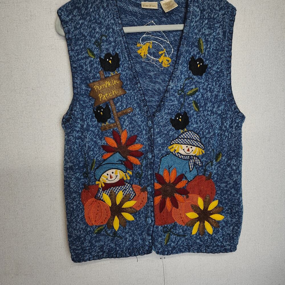 Bobbie Brooks XL Pumpkin Patch Sweater Vest Scarecrow Fall Cottagecore 16/18